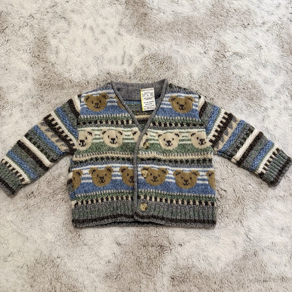 Vintage Knit Teddybear Baby Button Up Sweater Size 3-6 Months